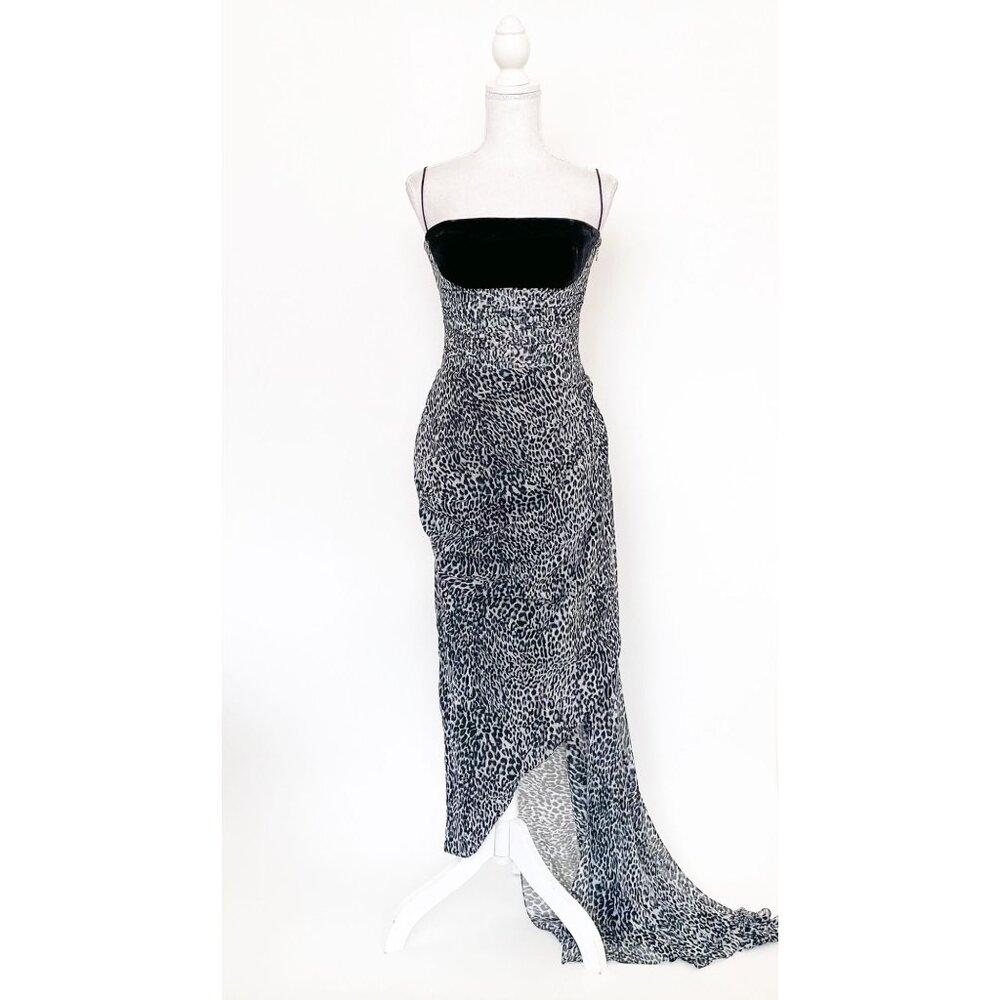 NWT Rasario Draped Midi Dress FR 36 IT 38 US 2 Grey Leopard Black Chiffon Gown